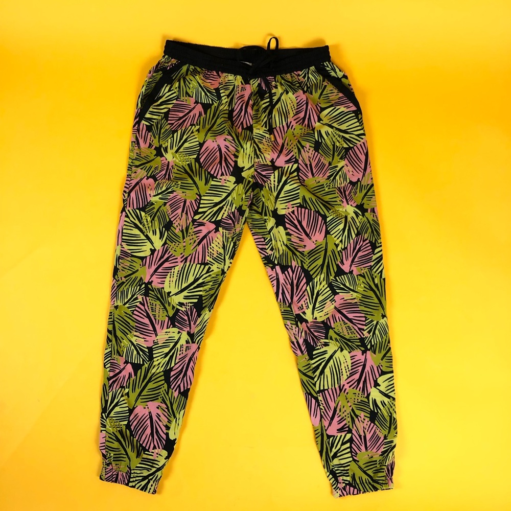 Silky Floral Wavy Drawstring Pants - Pink Green